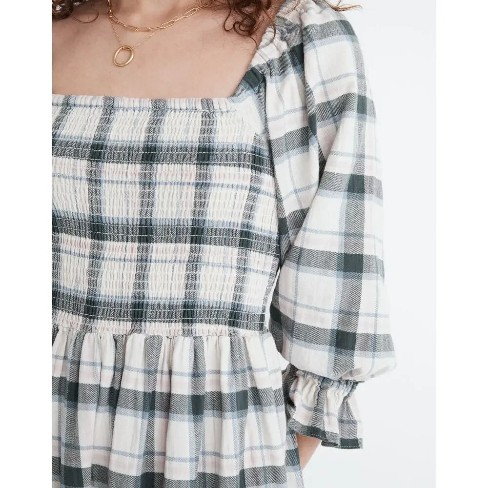 Madewell Lucie Elbow-Sleeve Smocked Mini Dress in Lebaum Plaid Size Medium